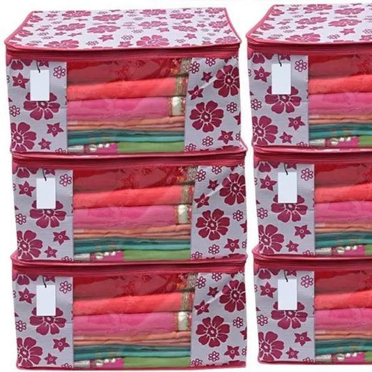 Polka Pink Flower Design Pack Of 6 Non Woven Fabric Saree Cover/ Clothes Small Travel Bag